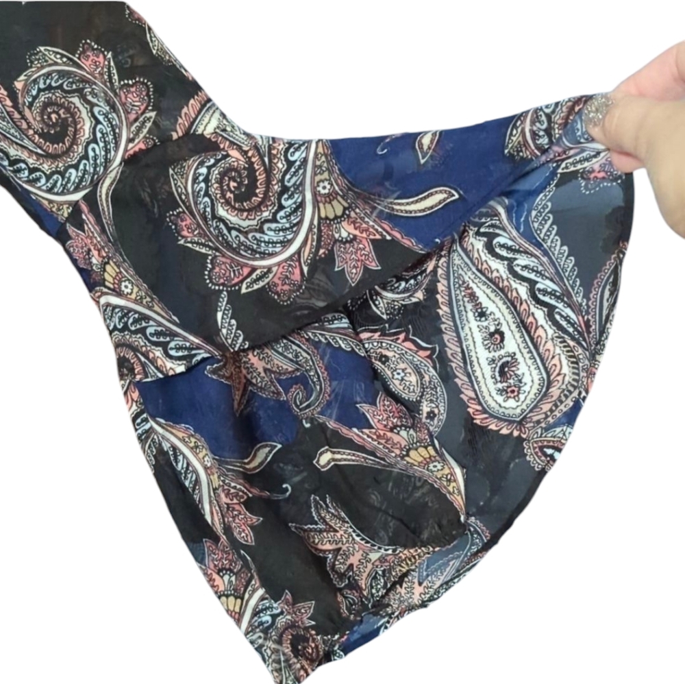 White House Black Market Womens Dress Ruffled Bell Sleeves Paisley Blue Black 8 - Picture 3 of 10